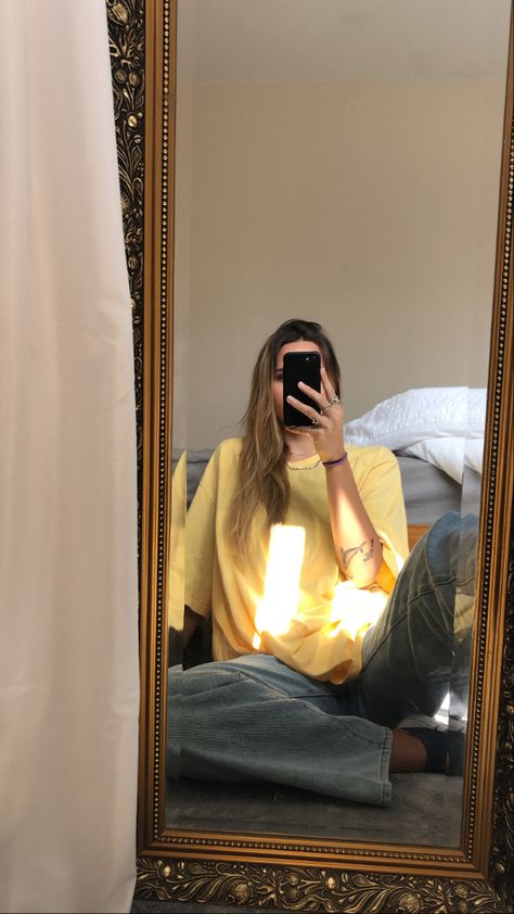 #yellow #outfit #streetwear #oversized #tshirt #skate #tattoos #ootd #fashion #outfits Plain Oversized Tshirt Outfit Aesthetic, Oversized Yellow T-shirt For Spring, Oversized Tshirt Outfit Korean, Black Oversized Tshirt Outfit Korean, Cozy Oversized Yellow Top, Oversized Yellow Graphic T-shirt, Oversize Tshirt Outfits, Yellow T Shirt, Oversized Top