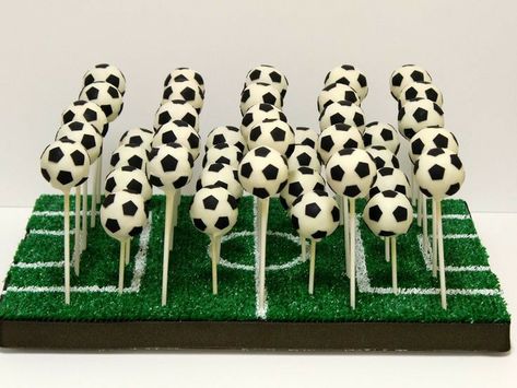 Soccer Cake Pops Tutorial, Soccer Donut Cake, Soccer Birthday Party Cake, Soccer Party Snacks, Soccer Ball Cake Pops, Soccer Cake Pops, Soccer Themed Cake, Soccer Baby Showers, Birthday Cake Kids Boys