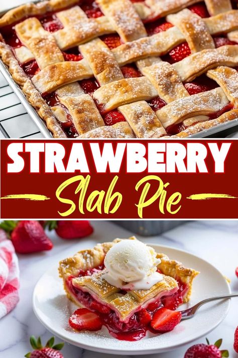 Slide into summer with this mouth-watering strawberry slab pie. It easily feeds a crowd, so it's perfect for BBQs, potlucks, game days, and more. Strawberry Slab Pie Recipe, Strawberry Slab Pie, Sour Cream Raisin Pie, Slab Pie Recipes, Yummy Pie Recipes, Sweet Roll Recipe, Pan Cooking, Kinds Of Pie, Most Popular Desserts