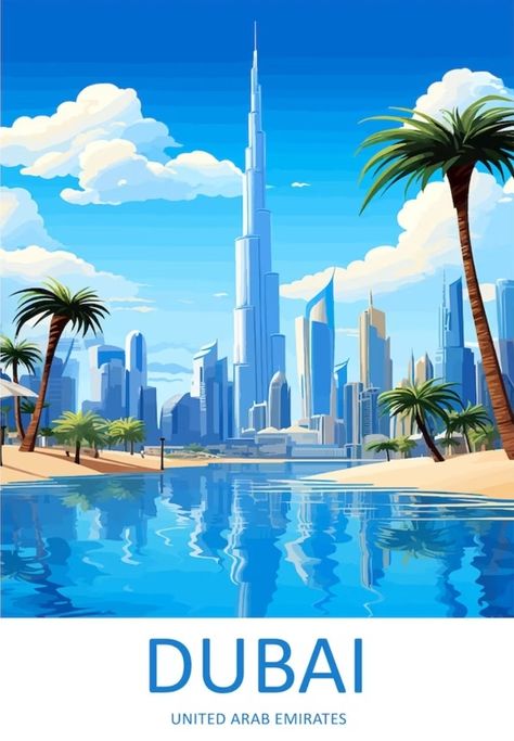 Travel Aesthetic Poster, City Posters Aesthetic, Dubai Preppy Poster, Dubai Illustration, Dubai Travel Poster, Tokyo Travel Poster, Dubai Vacation, Wanderlust Decor, World Icon