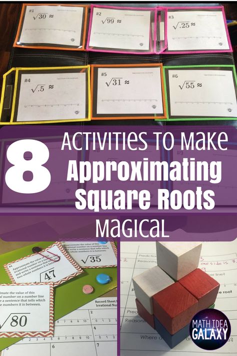 8 awesome activities to teach approximating square roots. Ideas and resources for practice, lesson hooks, and more. Square Roots Worksheet, Geometry Math Games, Free Math Resources, Middle School Math Teacher, Math 8, Math Coach, Middle School Math Classroom, Irrational Numbers, Math Centers Middle School