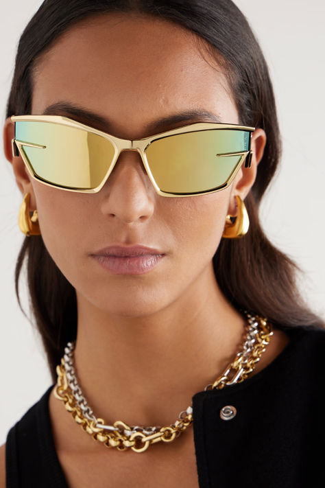 Givenchy Eyewear Cat-Eye Gold-Tone Sunglasses Crazy Sunglasses, Rising Aesthetic, Matthew M Williams, Classy Glasses, Futuristic Sunglasses, Givenchy Sunglasses, Sunglasses Design, Aquarius Rising, Sportswear Outfits