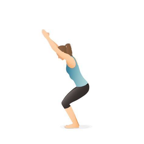 Yoga Pose: Chair | Pocket Yoga Yoga Pose Illustration, Pose Chair, Yoga Cartoon, Chair Pose Yoga, Morning Yoga Routine, Yoga Kundalini, Yoga Illustration, Chair Pose, Yoga Positions