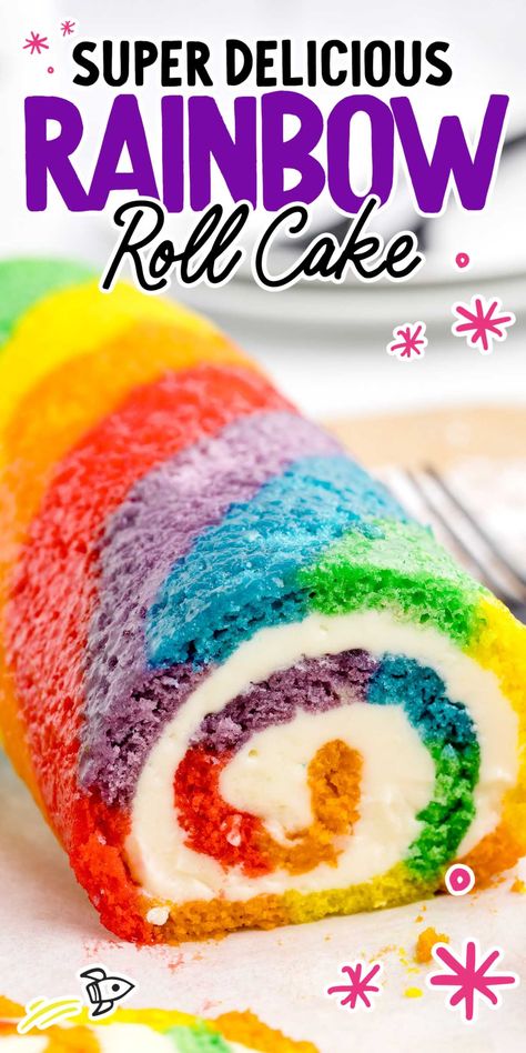 Rainbow Roll Cake Rainbow Swiss Roll, Rainbow Roll Cake, Ho Cakes, Rainbow Cake Ideas, Bright Cakes, Rainbow Cake Recipe, Jelly Roll Cake, Rainbow Roll, Rainbow Desserts