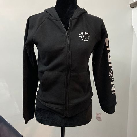 True Religion Zip Up Hoodie Black Brand New Visual Wishlist, True Religion Sweater, True Religion Jacket, True Religion Hoodie, Bday Wishlist, Funnel Neck Hoodie, Distressed Sweatshirt, Outfit Inspo Casual, Birthday List