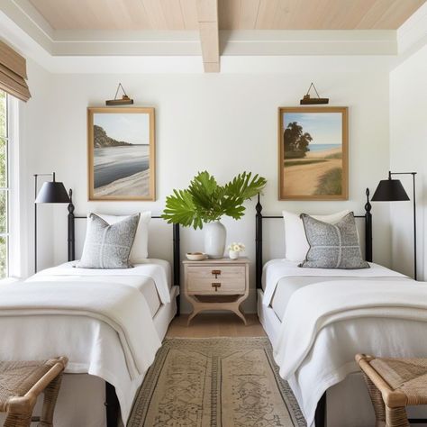 Not all guest rooms are created equal! To make yours 100% perfect for you (and your guests), click to see the best NEW + stylish guest bedroom ideas, small guest bedrooms, modern guest bedrooms and more! Twin Bed Ideas For Small Room Guest, Guest Room With Two Full Beds, Modern Country Guest Bedroom, Vintage Coastal Bedroom Ideas, Beach Twin Bedroom Ideas, Small Beach Bedroom, Air Bnb Bedroom, Twin Bedroom Ideas For Adults, Beachy Guest Bedroom