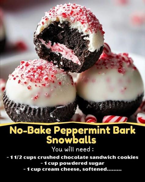 Christmas All Year Around❄️ ☃️ | No-Bake Peppermint Bark Snowballs   | Facebook Peppermint Bark Cookie, Peppermint Treats, Christmas All Year, Peppermint Recipes, Peppermint Candies, Christmas Baking Recipes, Candy Recipes Homemade, Christmas Candy Recipes, Peppermint Cookies