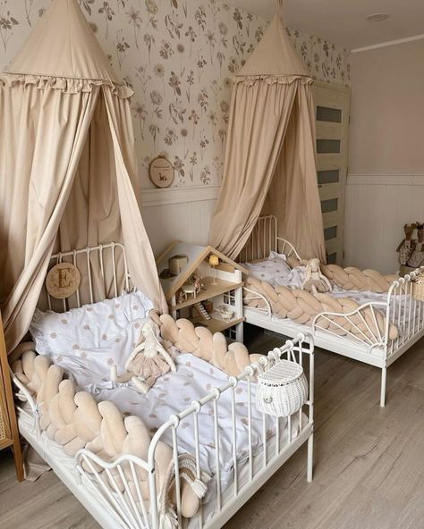 Toddler Girls Bedroom Ideas Shared, Twin Toddler Girl Bedroom, Two Girl Room Ideas, Twin Girl Bedrooms Toddler, Twin Girl Toddler Bedroom, Ikea Minnen Bed Hack, Shared Girls Room Toddler And Baby, Cottage Toddler Girl Room, Toddler Girl Vintage Bedroom