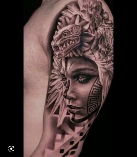 Aztec Warrior Princess Tattoo, Aztec Princess Tattoo Goddesses, Mayan Warrior Tattoo, Warrior Princess Tattoo, Aztec Warrior Princess, Cholo Tattoo, Mexican Heroes, Tattoo Sketch Art, Aztec Sleeve