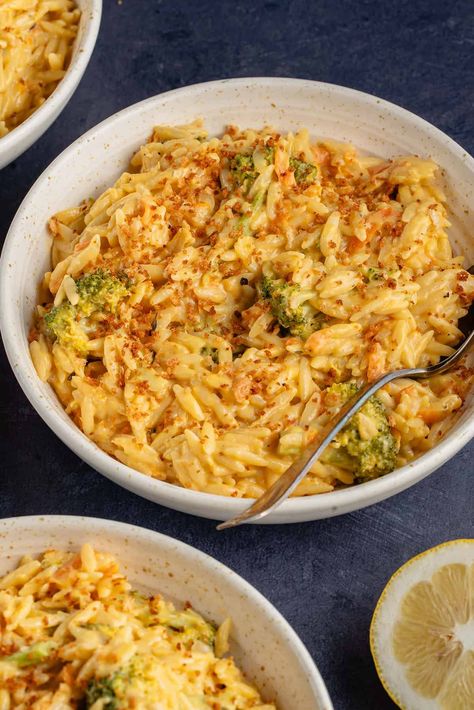 Broccoli Cheddar Orzo, Cheddar Orzo, Cheesy Orzo, Creamy Orzo, Cashew Cream Sauce, Eggplant Pasta, Vegan Cheddar Cheese, Vegan Broccoli, Cashew Sauce