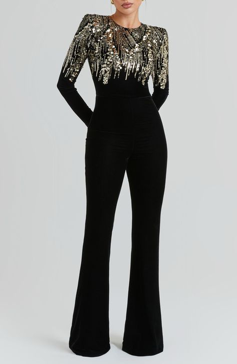 NADINE MERABI Katarina Sequin Long Sleeve Velvet Jumpsuit available at #Nordstrom Velvet Jumpsuit Outfit, Nadine Merabi, Velvet Clothes, Velvet Jumpsuit, Jumpsuit Outfit, Jewel Neck, Velvet Dress, Holiday Outfits, Shoulder Sleeve