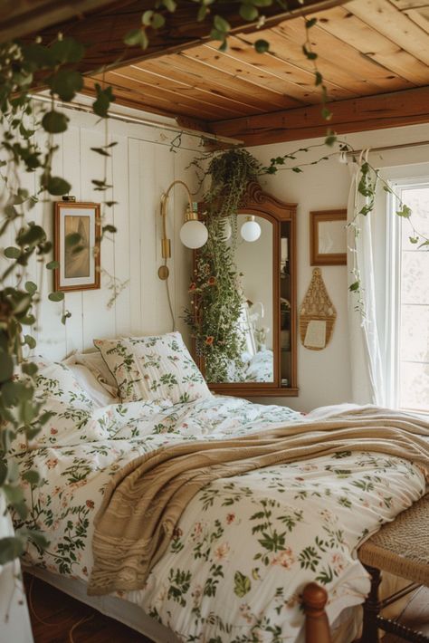 Tiny Room Bedroom, Dainty Floral Bedroom, Cottagecore Aesthetic Interior Design, Simple Cottage Core Bedroom, Green Cottagecore Aesthetic Bedroom, Western Cottagecore Bedroom, Floral Room Decor Ideas, Naturecore Bedroom, Cottage Boho Decor