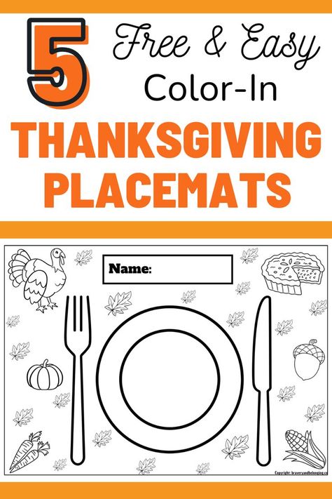 Pin text reads, 5 free & easy color in thanksgiving placemats and has an image of one of these thanksgiving coloring sheets. Happy Thanksgiving Placemats Preschool, Thanksgiving Place Mat Craft Preschool, Thanksgiving Printable Placemats Kids, Thanks Giving Placemats Preschool, Preschool Placemats Thanksgiving, Thanksgiving Mats For Preschool, Thanksgiving Placemats Kids Printable, Preschool Thanksgiving Printable, Thanksgiving Table Mats For Kids