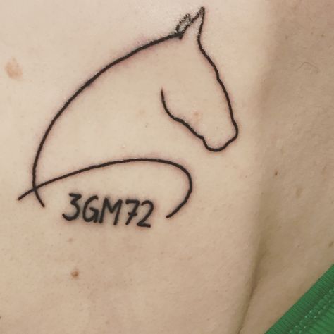 After my horse passed away I got a tattoo!! Inspired by a line drawing I found. Used my horse as reference as I wanted it to be him and made sure to include his brand number. Tattoo For Horse That Passed, Horse Tatoos Ideas Simple, Horse Brand Tattoo, Tiny Horse Tattoo, Horse Memorial Tattoo, Minimalist Horse Tattoo, Simple Horse Tattoo, Tommy Tattoo, Patches Tattoo