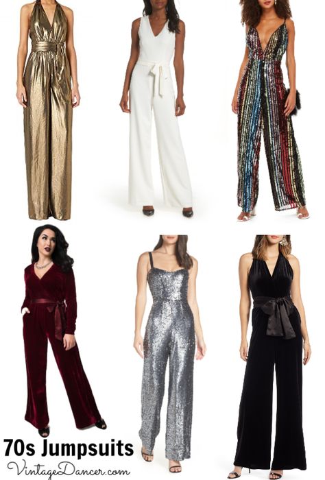 70s Fashion | What Did Women Wear in the 1970s? Gold 70s Outfit, Disco Jumpsuit 1970s, Womens Disco Outfit 70s, Womens Disco Outfit, 70s Disco Outfit For Women, Disco Era Fashion, 70s Jumpsuits For Women, Authentic 70s Fashion, Disco Outfit For Women