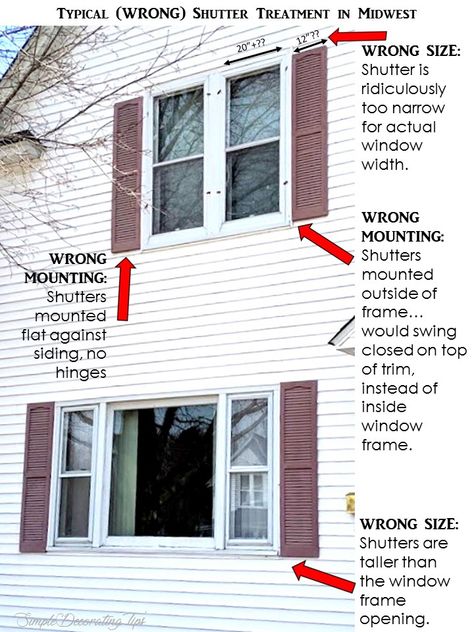 Shutters (do's & don'ts) - SIMPLE DECORATING TIPS Shutters On Shake Siding, Alternative To Shutters Exterior, Add Shutters To House, Update Shutters On House, Black House Shutters, How To Add Shutters To Your House, Shutters For Double Windows Exterior, Diy House Shutters Exterior, Shutters On Siding Exterior