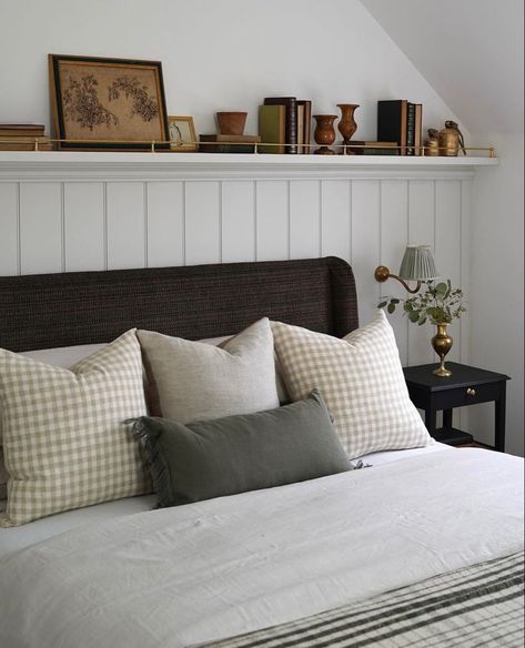 Grey Cottage Bedroom, Bedroom Organisation Hacks, Nashville Bedroom Ideas, Bedroom Wall Detail, Cotswold Cottage Interior Bedroom, Wooden Shelf Above Bed, Vertical Shiplap Bedroom Accent Wall, Tv Unit Decor Styling, Bedroom Panelling With Shelf