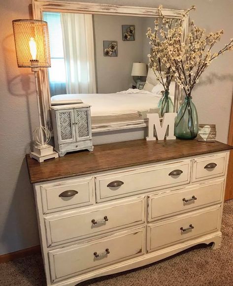 New Bedroom Decor Ideas, Bedroom Dresser Decor, Dresser Top Decor, Dresser Decor Bedroom, White Dresser, Bedroom Dresser, Farmhouse Bedroom Decor, Bedrooms Decor, Dresser Decor