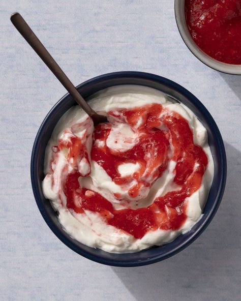 a bowl of white yogurt with strawberry puree on top, with a spoon inside. Strawberry Puree Recipe, Summer Sweets, Strawberry Yogurt, Strawberry Sauce, Fruit Puree, Strawberry Puree, Pureed Food Recipes, Simply Recipes, Peanut Free