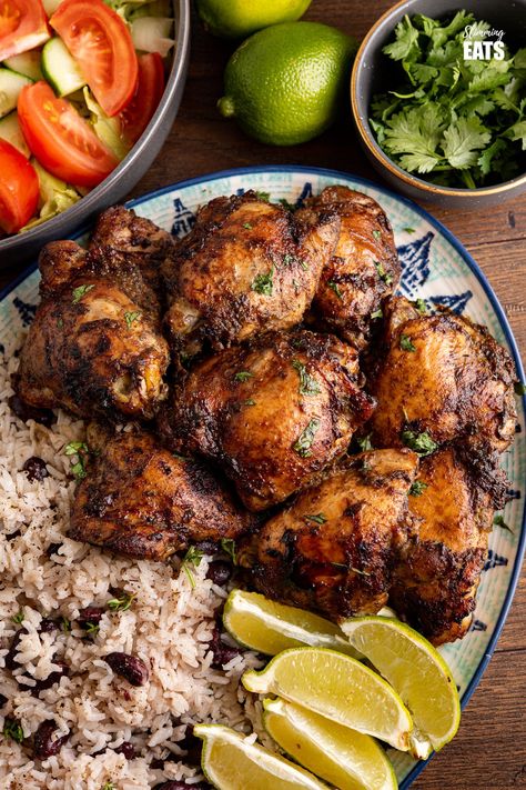 Jamaican Chicken Thigh Recipes, Jerk Chicken Rice, Chicken Rice And Peas, Rice And Peas Recipe, Jerk Chicken And Rice, Dominicano Recipes, Pollo Tropical, Jamaican Chicken, Jerk Marinade