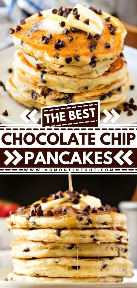 The BEST Chocolate Chip Pancakes Homemade Chocolate Chip Pancakes, Fluffy Homemade Pancakes, Chocolate Chip Pancakes Recipe, Yummy Pancake Recipe, Homemade Pancake Recipe, Best Pancake Recipe, Best Chocolate Chip, Chocolate Chip Pancakes, Homemade Pancakes