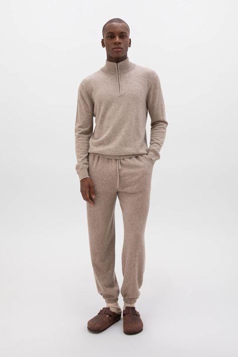 Elevate your loungewear with our luxe Ash Cashmere Tapered Joggers. These sports-inspired bottoms combine style and comfort, featuring front and back pockets and elasticated ankles for a relaxed, modern fit. Perfect for both lounging and casual outings.      Styled with our Ash Contrast Trim Cashmere Zip Neck Jumper. Neutral Loungewear, Lounge Wear Men, Cashmere Loungewear, Tartan Accessories, Tapered Joggers, Cashmere Socks, Mens Cashmere, Cashmere Accessories, Childrens Hats