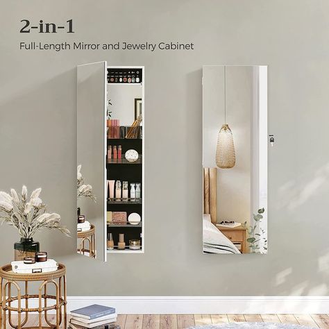 Full Wall Mirror Ideas Bedroom, Long Mirror In Bedroom, Full Length Mirror With Storage, Bedroom Cupboard Ideas, Full Length Mirror In Bedroom, Mirror Shelves, Wall Mirrors With Storage, Jewelry Storage Cabinet, Full Wall Mirror