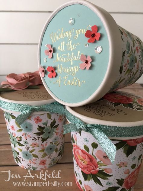 Stamped Silly: Adorable Spring Pint Containers Ice Cream Containers Crafts, Diy Containers, Ice Cream Pint, Mini Coffee Cups, Upcycle Plastic, Upcycle Crafts Diy, Aluminum Can Crafts, Ice Cream Containers, Washi Tape Crafts