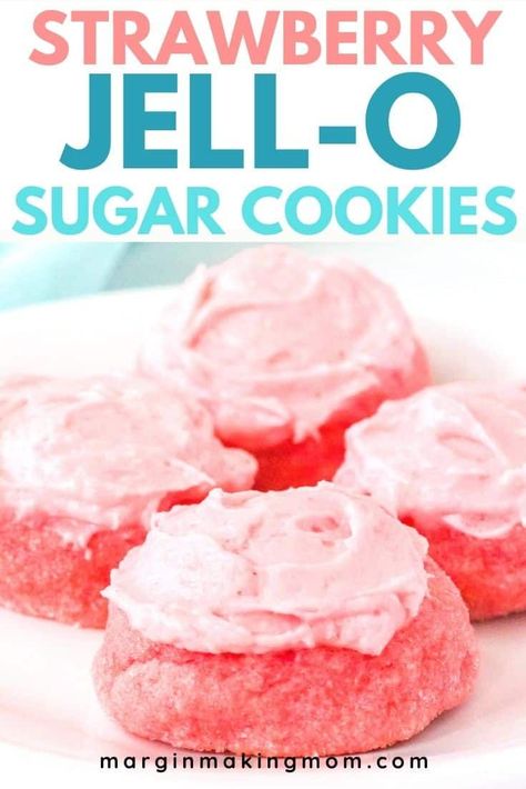 Okay, it doesn't get much easier than making sugar cookies with Jello! This strawberry version is such a lovely pink color, and can be topped with an optional frosting if desired. The perfect sweet treat! Strawberry Jello Cookies, Jello Sugar Cookies, Jello Cookies Recipe, Crumbl Copycat, Jello Cookies, Making Sugar Cookies, Jello Flavors, Strawberry Sugar Cookies, Strawberry Sugar