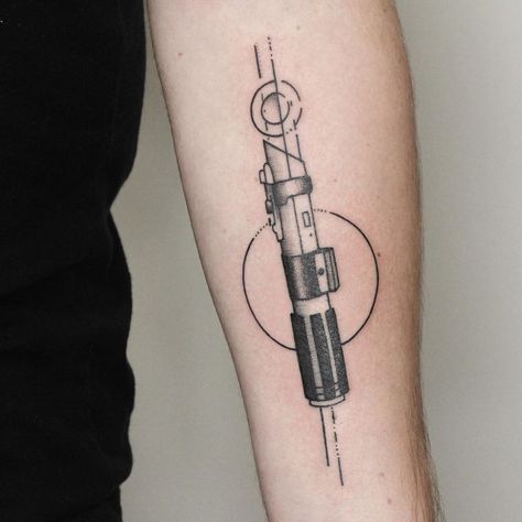 Lightsaber Hilt Tattoo, Starwars Tattoo Women, Simple Lightsaber Tattoo, Star Wars Tattoo Anakin, Anakin Skywalker Lightsaber Tattoo, Anakin Lightsaber Tattoo, Lightsaber Tattoos, Star Wars Lightsaber Tattoo, Deconstructed Lightsaber Tattoo