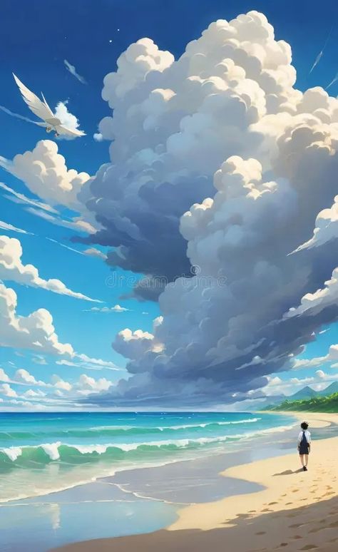 A serene beach painting featuring a spacious cloud in the sky royalty free illustration Ocean Clouds Painting, Sky Illustration Cloud, Cloudy Sky Illustration, Clouds And Sea Aesthetic, Clouds Over Ocean, Beach Clouds, Neon Palm Tree, Sky Illustration, Abstract Animal Art