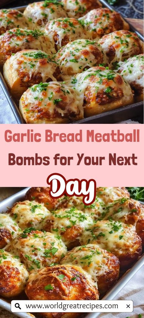 Discover the ultimate comfort food with these Cheesy Garlic Bread Stuffed Meatballs. Combining the best of garlic bread and juicy meatballs, this recipe offers a deliciously cheesy center that will tantalize your taste buds. Ideal for family dinners or game day snacks, these meatball bombs are easy to prepare and packed with flavor. Customize your filling with different cheeses or spices to make them your own. Don’t forget to pin this for a unique twist on classic flavors! Recipe For Garlic Bread, Cheese Filled Meatballs, Garlic Bread Meatball, Breaded Meatballs, Meatball Sandwich Recipes, Quick Easy Family Meals, Juicy Meatballs, Different Cheeses, Stuffed Meatballs