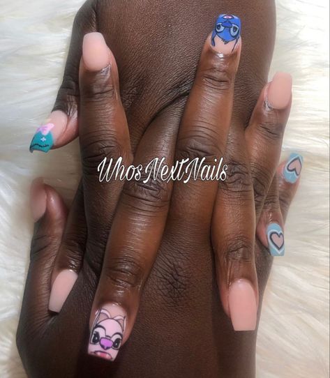 Stitch and angel nails Stitch And Angel Nails, Stitch Nails, Angel And Stitch, French Tip Nail Art, Angel Nails, Fingernail Designs, Cute Stitch, Stitch And Angel, Tip Nails