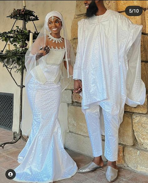 White Bazin Styles For Wedding, Nikkah Dress Muslim, Nikkah Ideas, Nigerian Wedding Dresses Traditional, Hausa Wedding, African Couture, Nigerian Wedding Dress, Hijabi Brides, African Bridesmaid Dresses