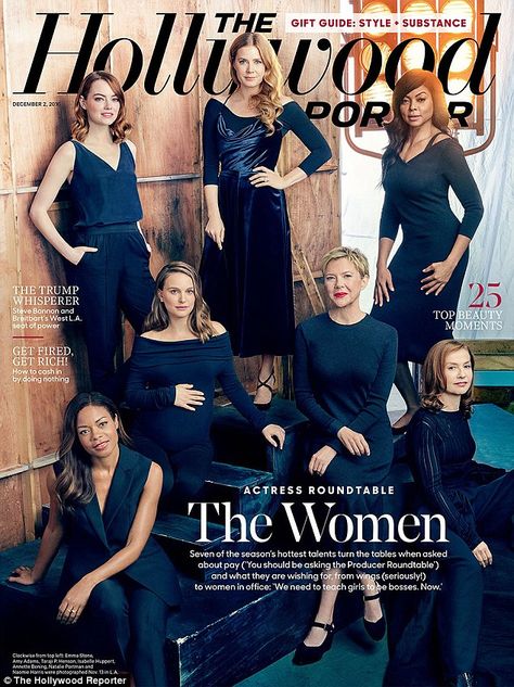 Heavy hitters: The Hollywood Reporter brought together seven women for their annual actress roundtable; (from bottom left) Naomie Harris, Natalie Portman, Emma Stone, Amy Adams, Annette Bening, Taraji P. Henson and Isabelle Huppert Naomie Harris, Annette Bening, Isabelle Huppert, Taraji P Henson, Group Poses, Blockbuster Film, Black Actresses, Marion Cotillard, Annie Leibovitz