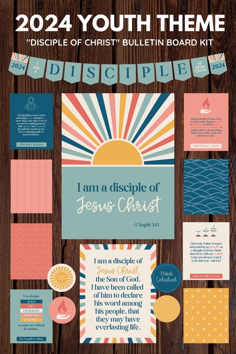 This "Disciple of Christ" theme bulletin board kit helps get your young women excited about the 2024 Youth Theme, 3 Nephi 5:13. It includes 1 beautiful poster of the theme, embellishments, 4 photo backings, 4 quotes, a banner, head, & more! Your bulletin board making this year will be so much more easy and simple as you only have to print, cut, and staple these adorable youth bulletin board prints, designed by a young woman, for young women. #lds#2024 Lds Youth Theme, Yw Theme, Yw Activities, Lds Youth, Youth Theme, Church Youth, Lds Young Women, Scripture Study, Beautiful Posters