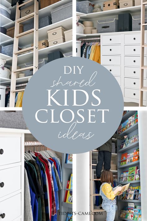 Sharing the reveal of our shared kids' closet design. This walk-in closet has some really fun features and loads of desperately needed storage, so let’s take a look. Check out our post to see ideas for closet organization for your kids! #homedesignideas Toddler Boy Closet Organization, Shared Kids Closet, Kids Closet Design, Closet Wall Organizer, Closet Design Plans, Functional Closet, Kids Closets, Toddler Closet, Boys Shared Bedroom