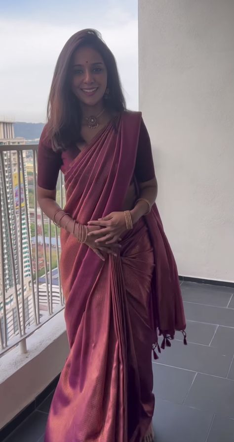 Subtle Saree Look, Sarees For Traditional Day In College, Violet Half Saree Pattu, Bridesmaid Sarees South Indian, Saree For Pongal Celebration In College, Pongal Saree Look, South Indian Sarees Modern, Everyday Saree Look, Saree For Graduation Ceremony