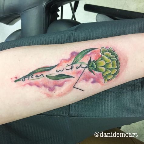 Oscar Wilde signature on a green carnation flower watercolor style tattoo Oscar Wilde Green Carnation, Green Carnation Tattoo, Green Carnation Flower, Carnation Flower Watercolor, Nature Themed Tattoos, Watercolor Carnation, Carnation Flower Tattoo, Color Tattoo Ideas, Carnation Tattoo