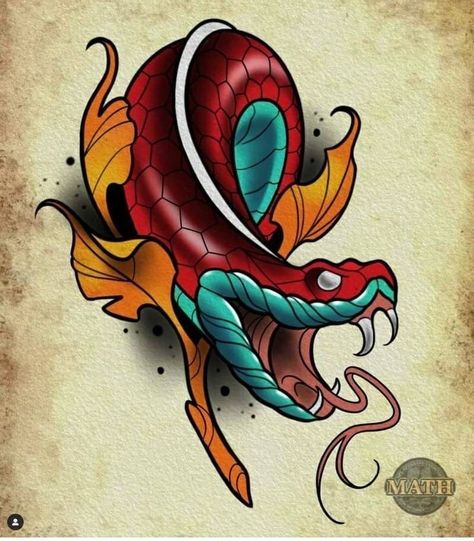 Neo Traditional Snake Tattoo Design, Neotraditional Small Tattoo, Traditional Colored Tattoos, Newschool Tattoos Design, Neo Trad Japanese Tattoo, Neotraditional Dragon Tattoo, New School Japanese Tattoo Designs, Traditional Tattoo Art Color, Neo Trad Snake