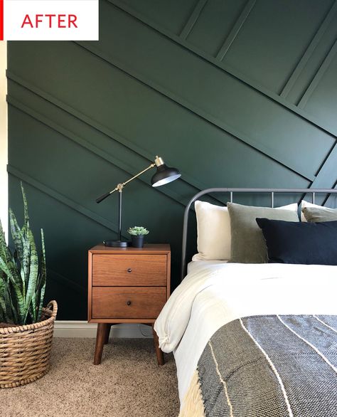 Before and After: This Bedroom Has a Smart Strategy for Wall-to-Wall Carpet | Apartment Therapy Green Bedroom Walls, Green Accent Walls, Green Walls, Bedroom Idea, Bohemian Bedroom Decor, Christmas Bedroom, Trendy Bedroom, Green Rooms, Bedroom Green