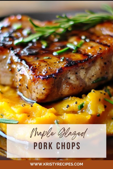 Savor the taste of fall with Maple Glazed Pork Chops served over butternut squash mash. This dish is packed with warm, comforting flavors, making it perfect for seasonal gatherings or weeknight dinners. #FallRecipes #MaplePorkChops #SeasonalMeals #PorkDinnerIdeas #ButternutSquashMash Pork Butternut Squash, Maple Pork Chops, Maple Glazed Pork Chops, Glazed Pork Chops Recipes, Creamy Butternut Squash, Glazed Pork Chops, Glazed Pork, Juicy Pork Chops, Pork Glaze