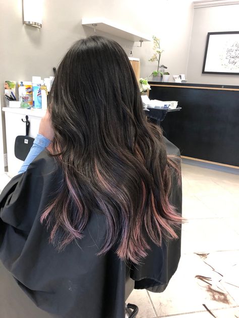 Dark Hair With Light Pink Highlights, Dark Pink Streaks In Black Hair, Black Hair Light Pink Highlights, Black And Pink Hair Asian, Light Pink Streaks In Black Hair, Black Hair Ends Dyed, Pink Hair Highlights On Black Hair, Punk Highlights, Light Pink Balayage Black Hair