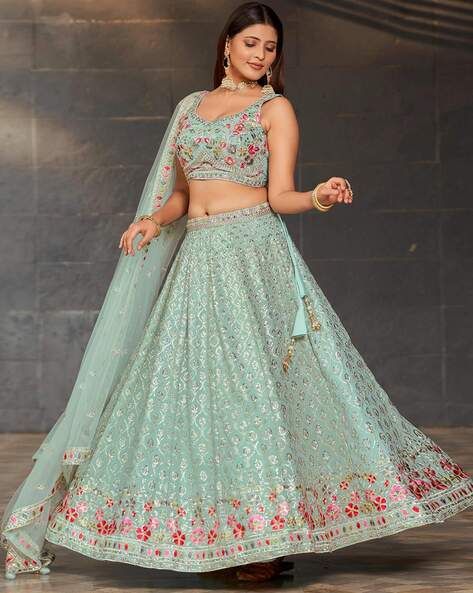 Buy Sea Green Lehenga Choli Sets for Women by ZEEL CLOTHING Online | Ajio.com Elegant Semi-stitched Green Choli, Sea Green Lehenga With Jewellery, Semi-stitched Green Chinon Choli, Light Green Choli Lehenga, Sea Green Colour Lehenga, Green Lehenga Choli, Green Lehenga, Boys Denim, Jean Jeggings