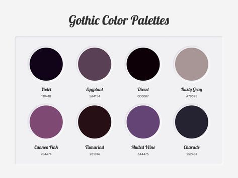 Gothic Color Palettes designed by ColorscoutsColor PalettesConnect with them on Dribbblethe global community for designers and creative professionals. Gothic Colors Palette, Black Hair Pallete Color, Gothic Palette Color, Vampire Skin Color Palette, Villian Color Pallet, Goth Aesthetic Color Palette, Gothic Pallete Color, Wednesday Addams Color Palette, Gothic Color Pallete