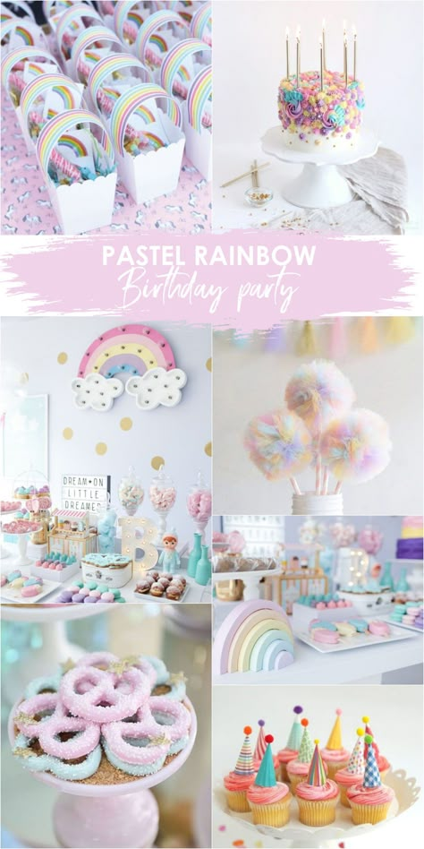 Party Time! 12 Creative and Unique First Birthday Party Ideas | Tulle & Chantilly Wedding Blog Unicorn Birthday Party Dessert Table, Pastel Rainbow Candy Table, Sweets Theme Birthday Party, Somewhere Over The Rainbow Birthday Party, Dreamy Birthday Theme, Pastel Cocomelon Party, Pastel Rainbow Baby Shower Ideas, Pastel Themed Birthday Party, Rainbow Butterfly Birthday Party