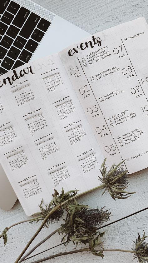 Bujo Ideas Minimalist Calendar, Bullet Journal Events Page, Diary Calendar Ideas, Bullet Journal Events, Bujo First Page, Bujo First Page Ideas, Bullet Journal Goals Page, Bullet Journal Yearly, Bullet Journal Calendar