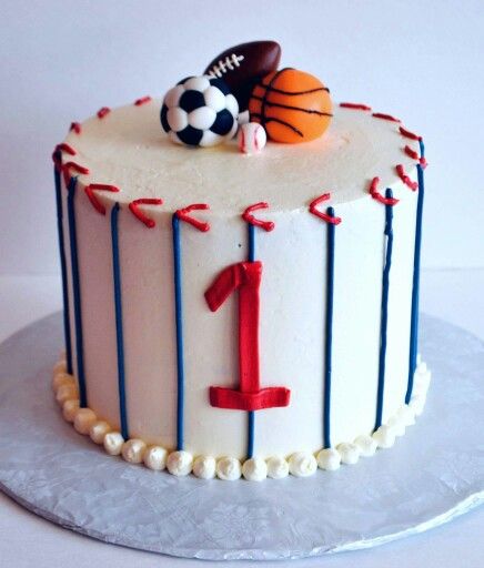 6 inch Sports themed smash cake Sports Theme First Birthday Cake, Sports Cake Smash, Simple Sports Cake, Sports Themed Smash Cake, Sports Bday Cake, Sports Smash Cake 1st Birthdays, Sports Cupcake Cake, Baseball Themed Smash Cake, Sports First Birthday Cake