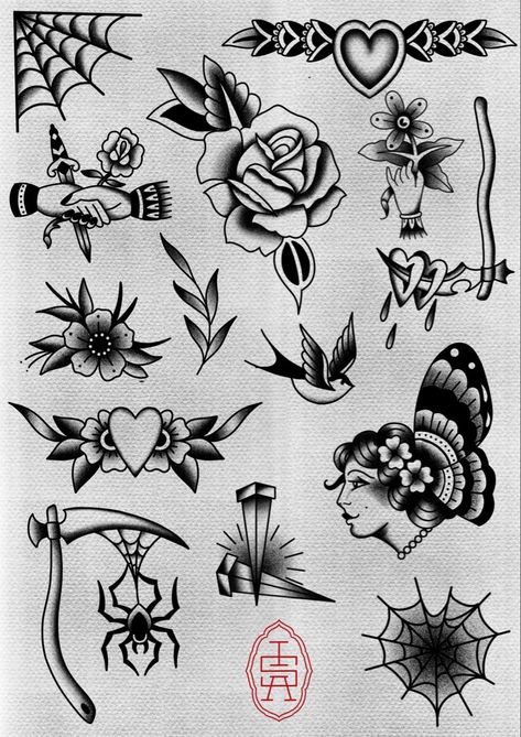 Dark Traditional Tattoo Flash, Spider Shoulder Tattoo, Small Trad Tattoo, Trad Heart Tattoo, Classic Tattoo Old School, Vintage Tattoo Men, American Traditional Tattoos Black And White, Old School Snake Tattoo, Traditional Tattoo Black And White