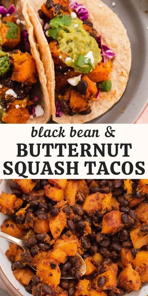 Black Bean And Butternut Squash Burritos, Black Bean And Butternut Squash, Butternut Squash Recipes Healthy, Squash Black Bean, Squash Tacos, Butternut Squash Tacos, Best Butternut Squash Recipe, Butternut Squash Black Bean, Butternut Squash Vegan